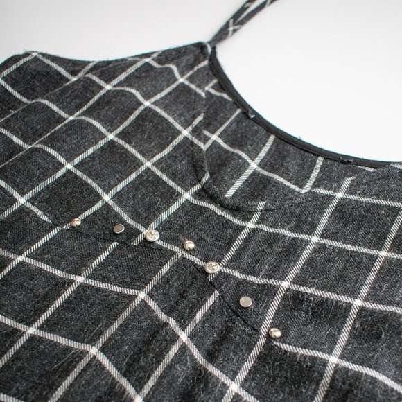 ZARA LONG PLAID FLANNEL STRAPY DRESS BLACK GRAY WHITE CHECKED STUDS S M - Picture 4 of 8